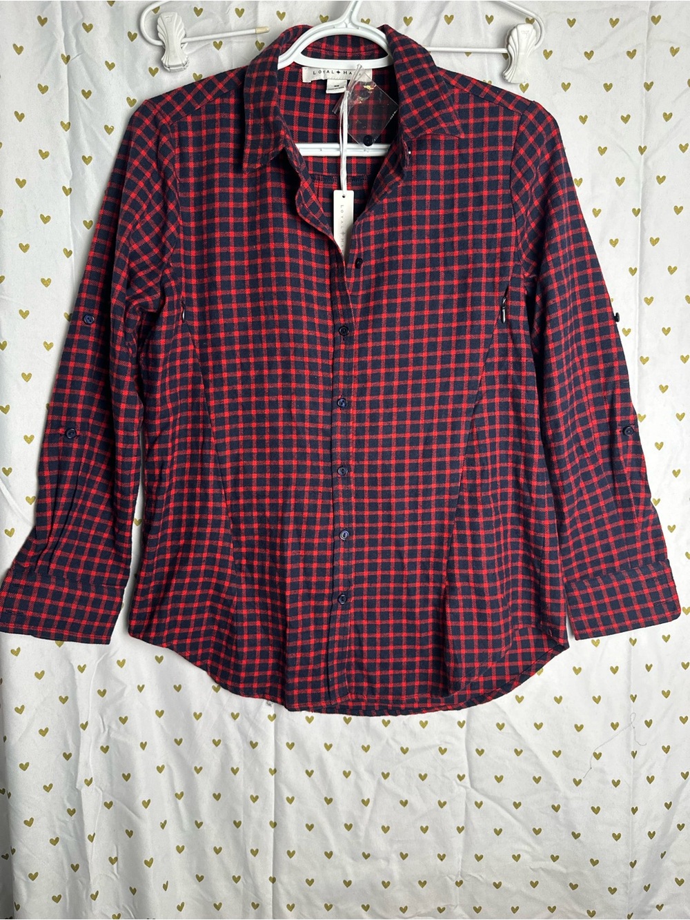 Loyal Hana red and navy women’s flannel button down NWT XS w zippers & buttons